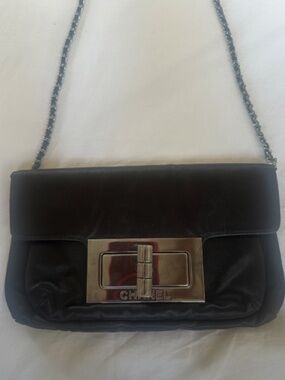 Chanel black satin chain shoulder bag or clutch